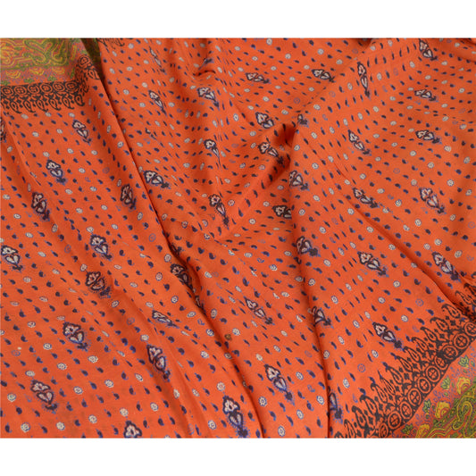 Sanskriti Vintage Sarees Orange Hand Block Printed Pure Silk Sari Craft Sustainable Fabric