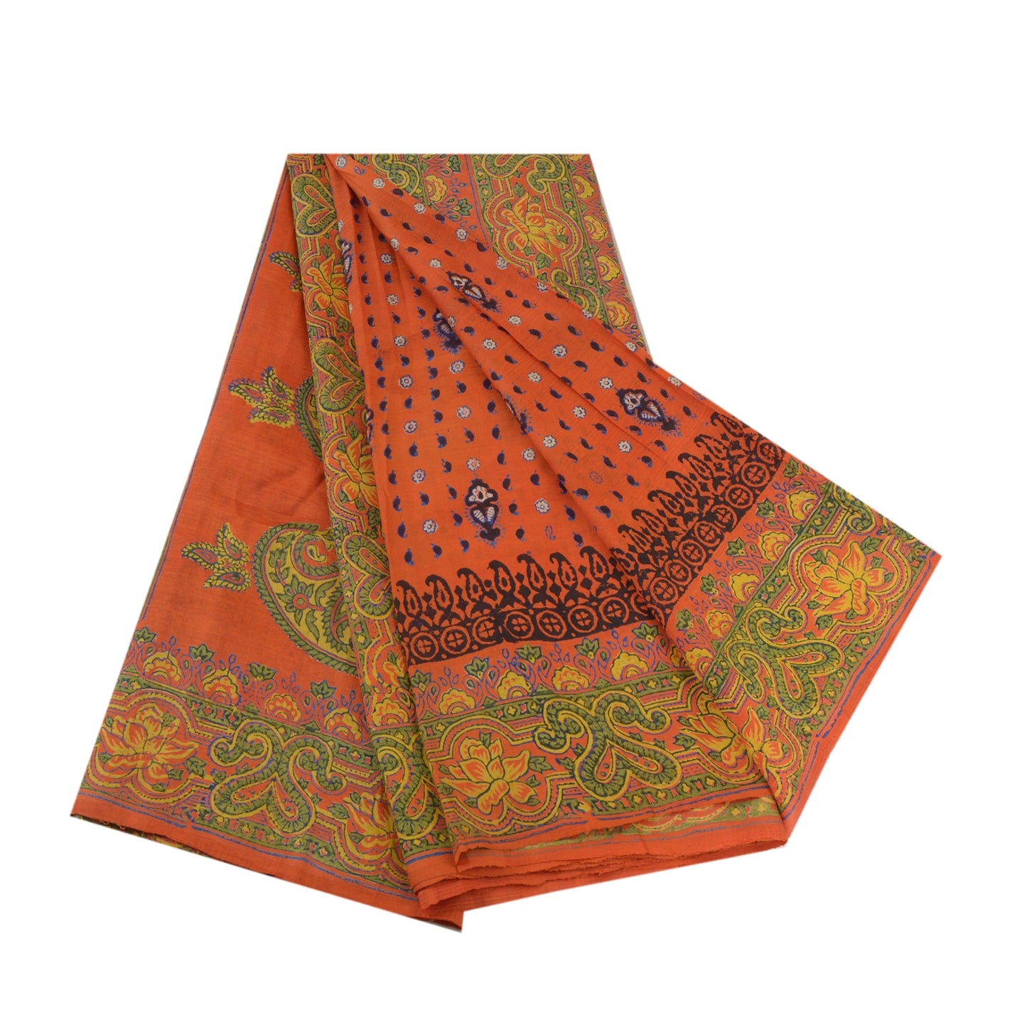 Sanskriti Vintage Sarees Orange Hand Block Printed Pure Silk Sari Craft Sustainable Fabric