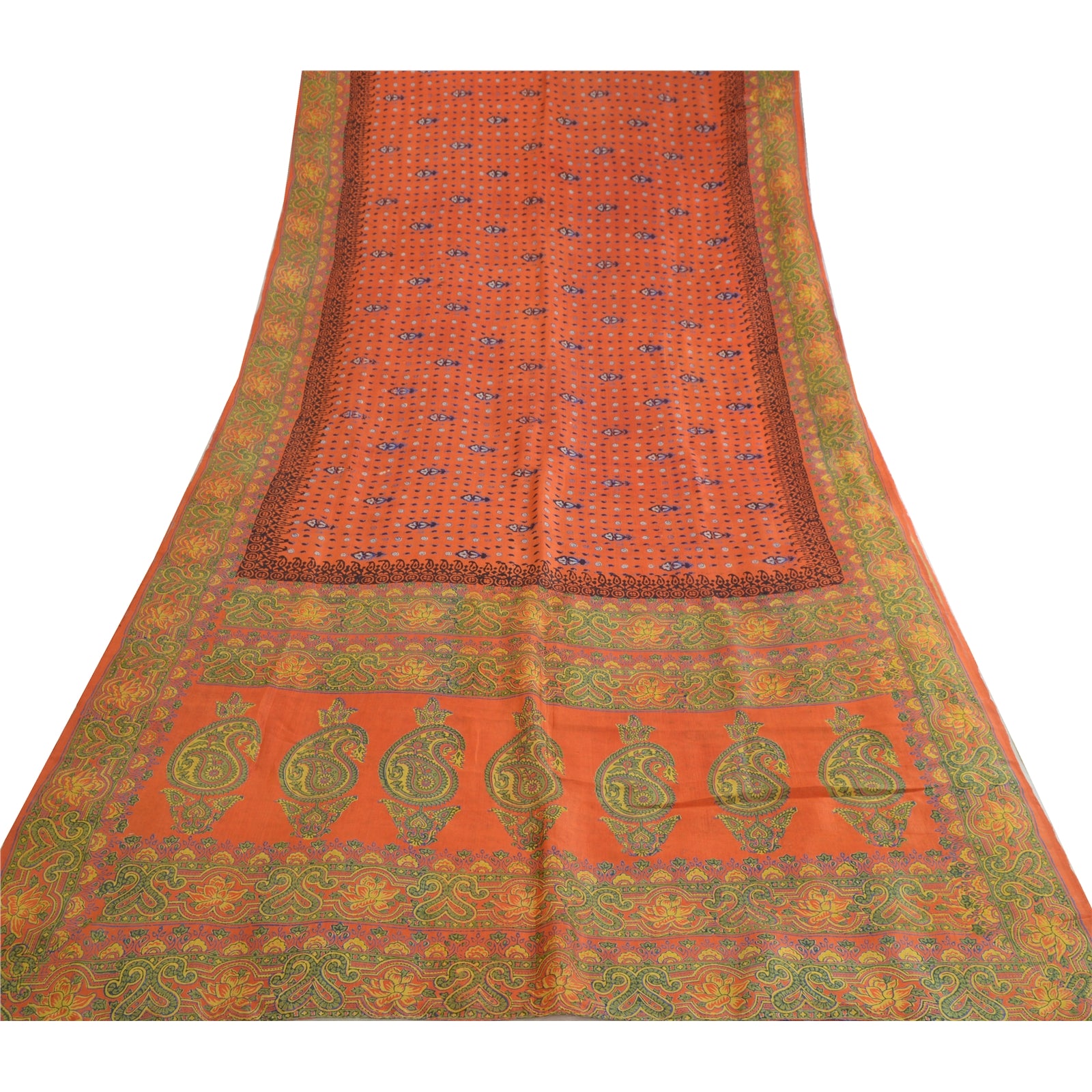 Sanskriti Vintage Sarees Orange Hand Block Printed Pure Silk Sari Craft Sustainable Fabric