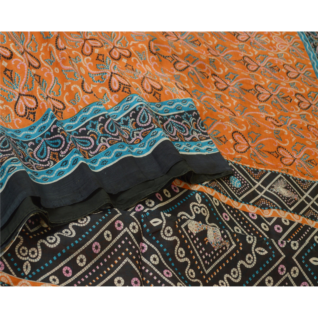 Sanskriti Vintage Sarees Orange/Black BandhaniPrint Pure Silk Sari Craft Fabric
