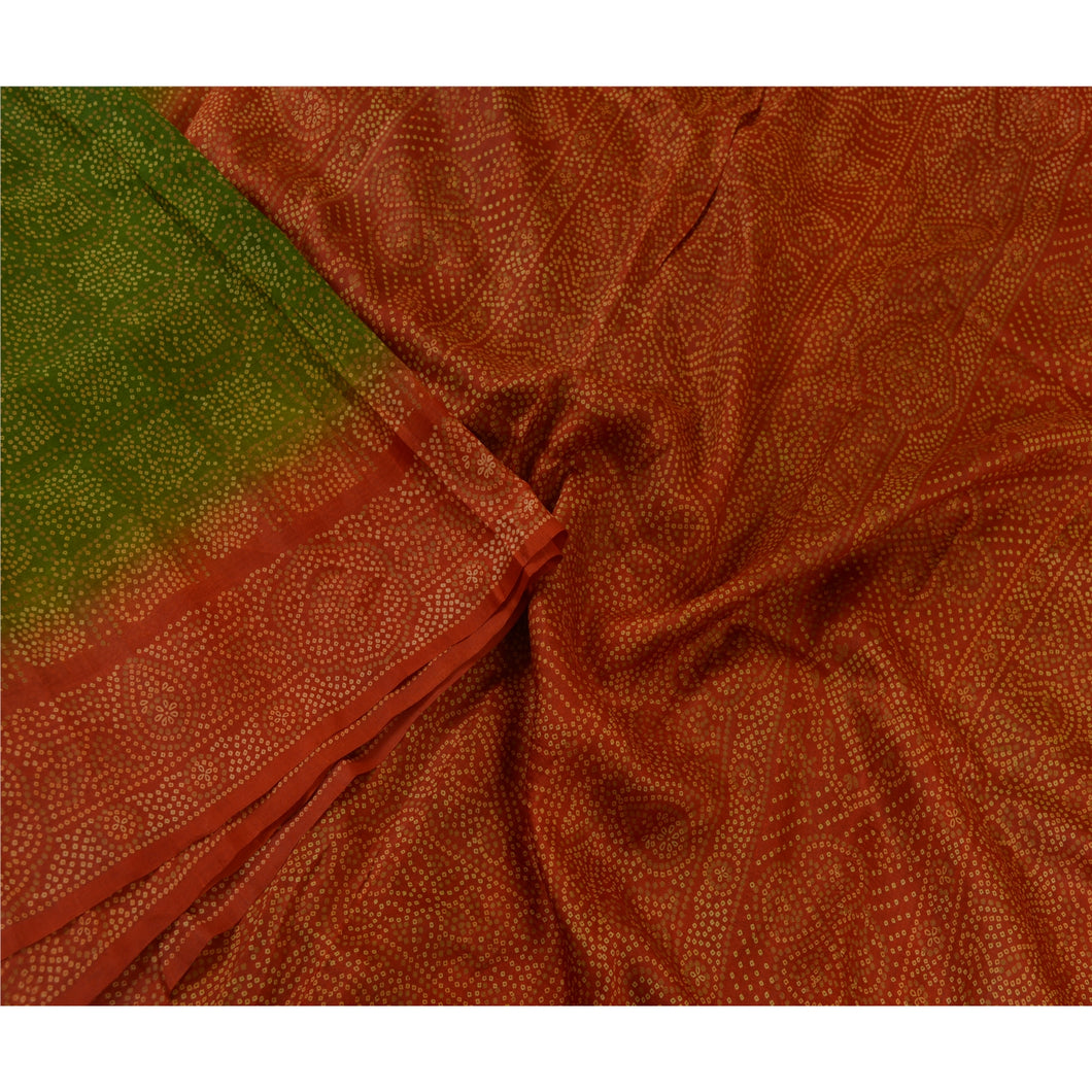 Sanskriti Vintage Sarees Green/Orange Bandhani Printed Pure Silk Sari Fabric