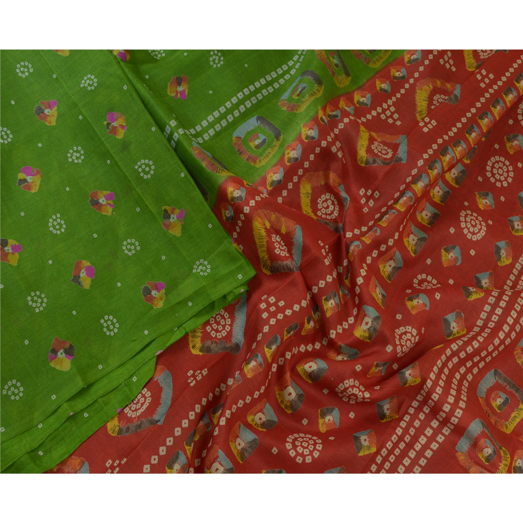 Sanskriti Vintage Sarees Green/Red Pure Silk Bandhani Printed Sari Craft Fabric