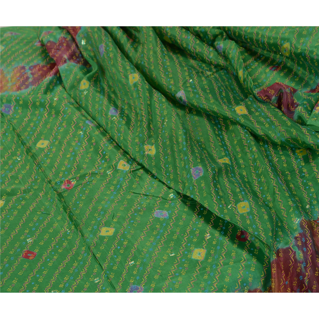 Sanskriti Vintage Sarees Green Pure Silk Bandhani Printed Woven Sari 5yd Fabric