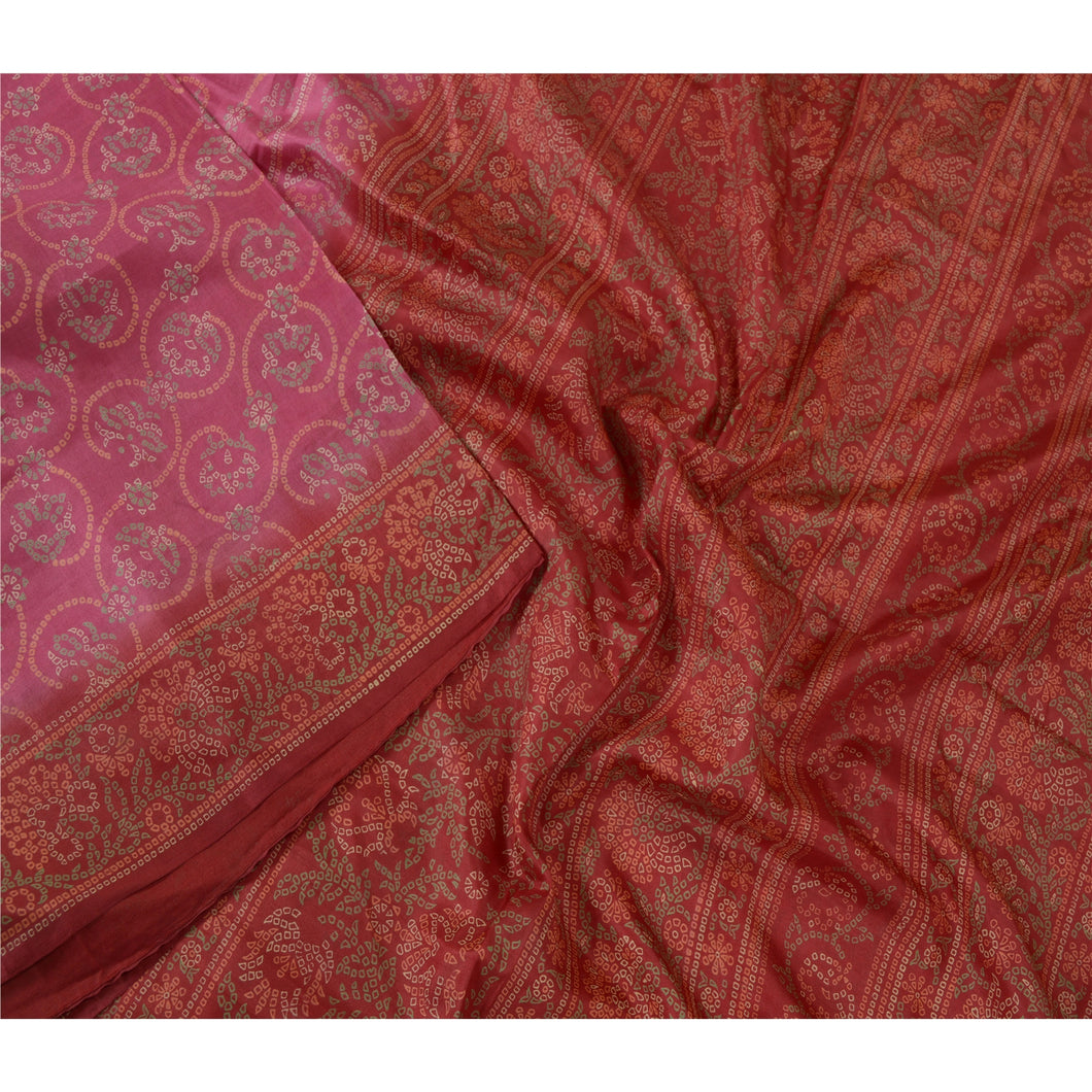 Sanskriti Vintage Sarees Pink/Red Pure Silk Bandhani Printed Sari Craft Fabric