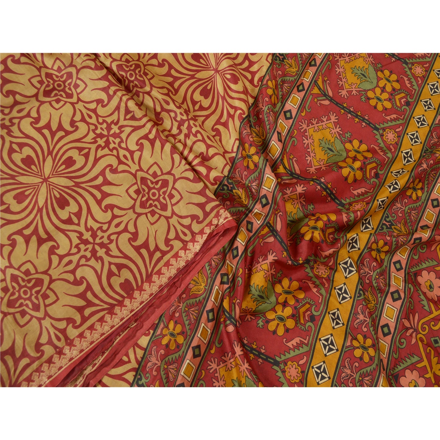 Sanskriti Vintage Sarees From India Red Printed Pure Silk Sari Soft Craft Sustainable Fabric