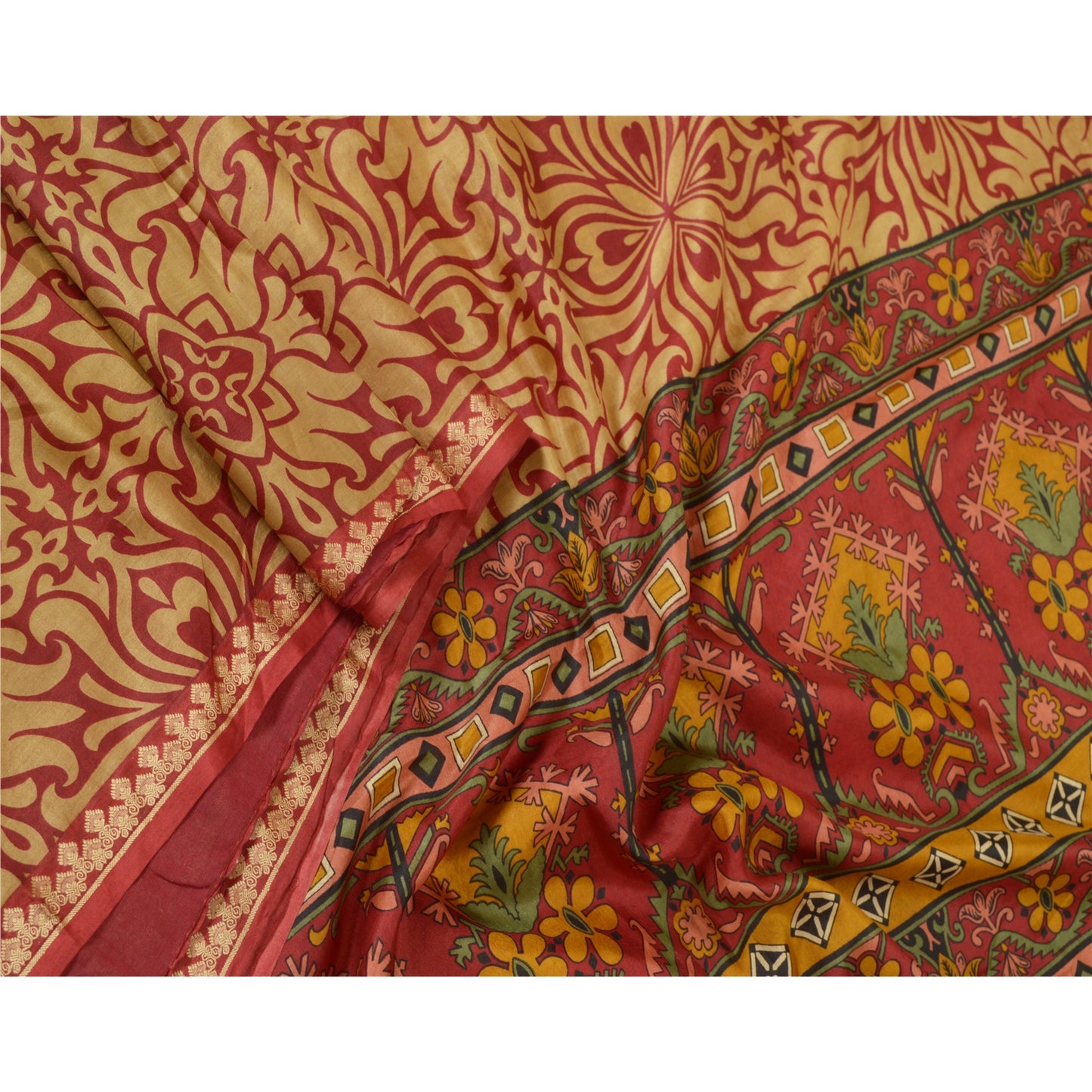 Sanskriti Vintage Sarees From India Red Printed Pure Silk Sari Soft Craft Sustainable Fabric