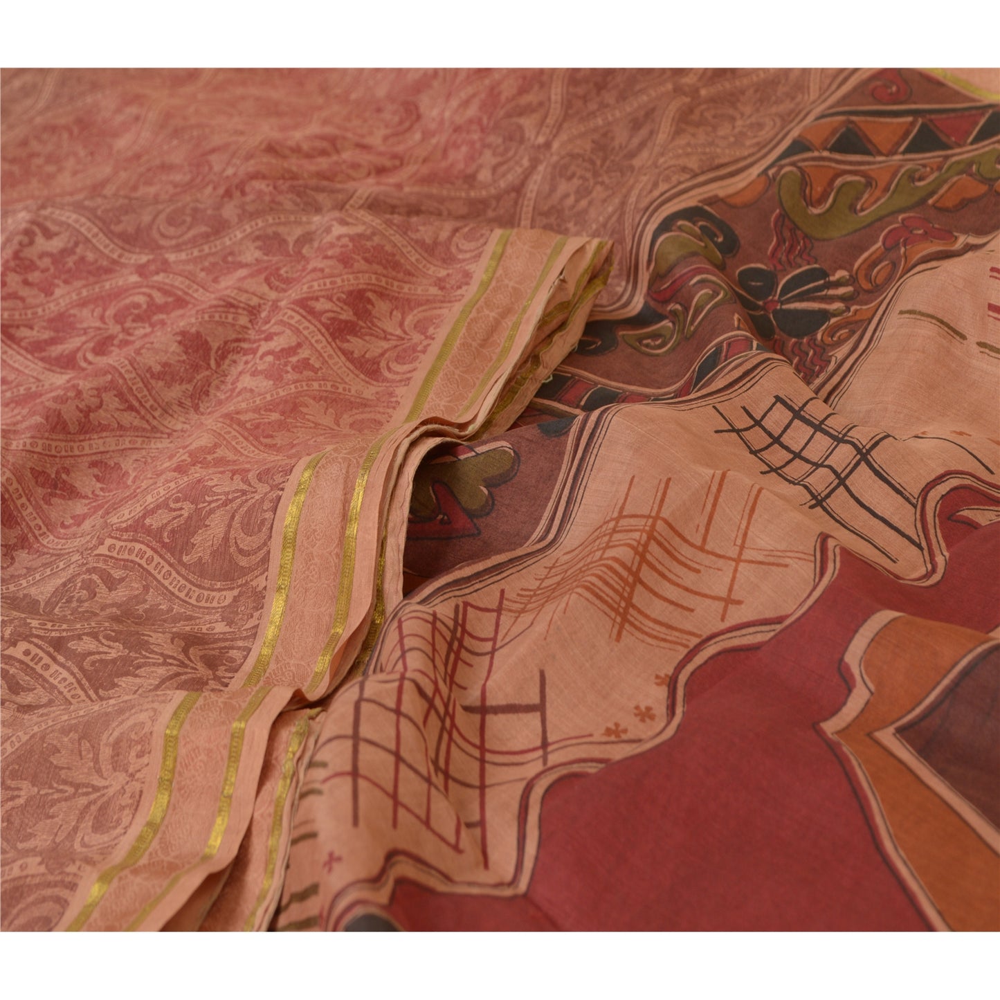 Sanskriti Vintage Peach Sarees Pure Silk Printed Golden Border Sari Craft Sustainable Fabric