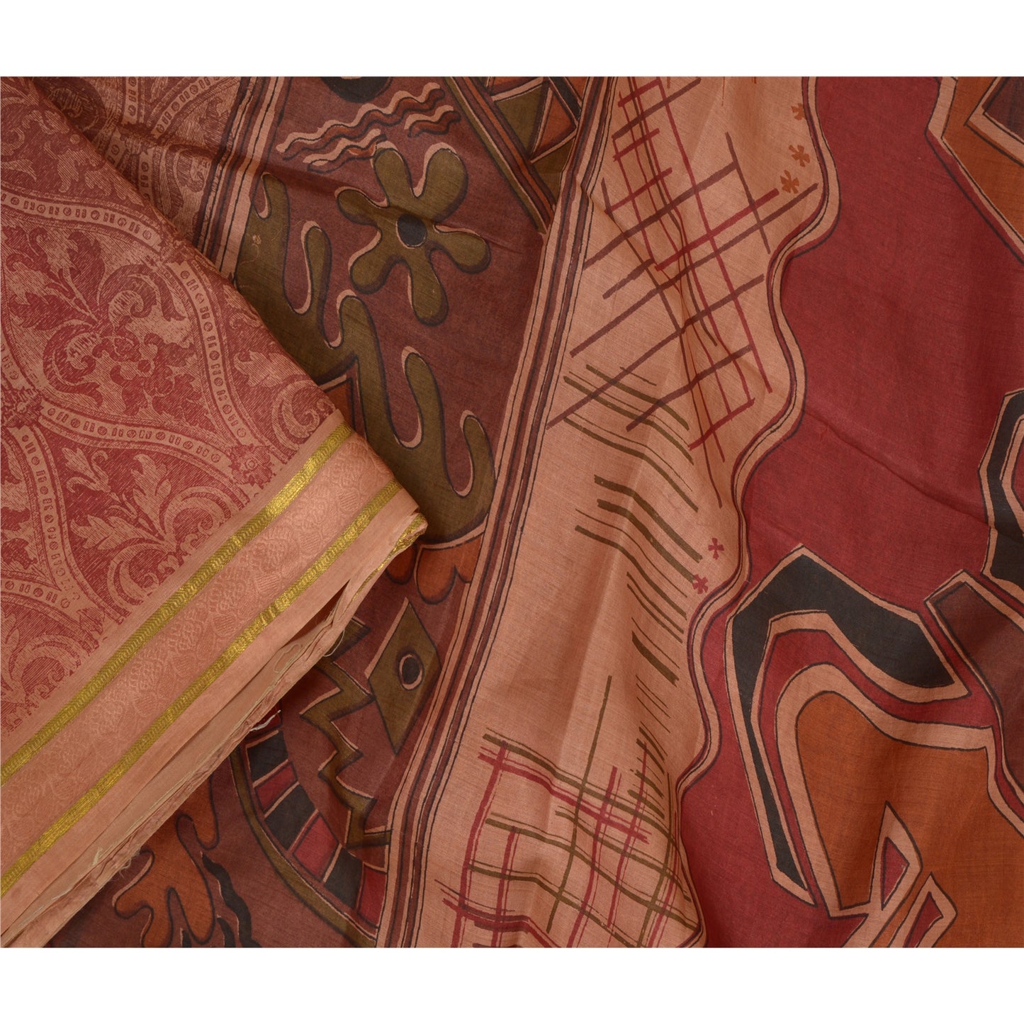 Sanskriti Vintage Peach Sarees Pure Silk Printed Golden Border Sari Craft Sustainable Fabric
