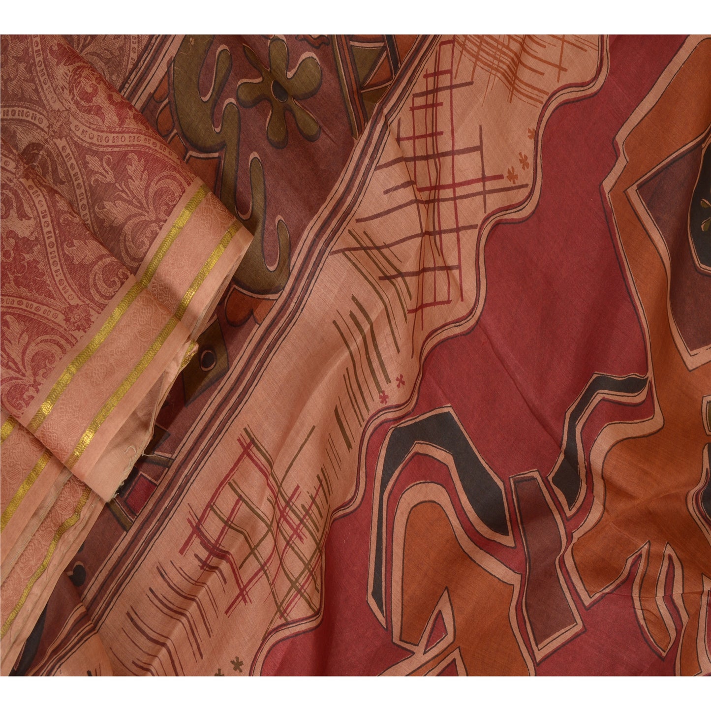Sanskriti Vintage Peach Sarees Pure Silk Printed Golden Border Sari Craft Sustainable Fabric