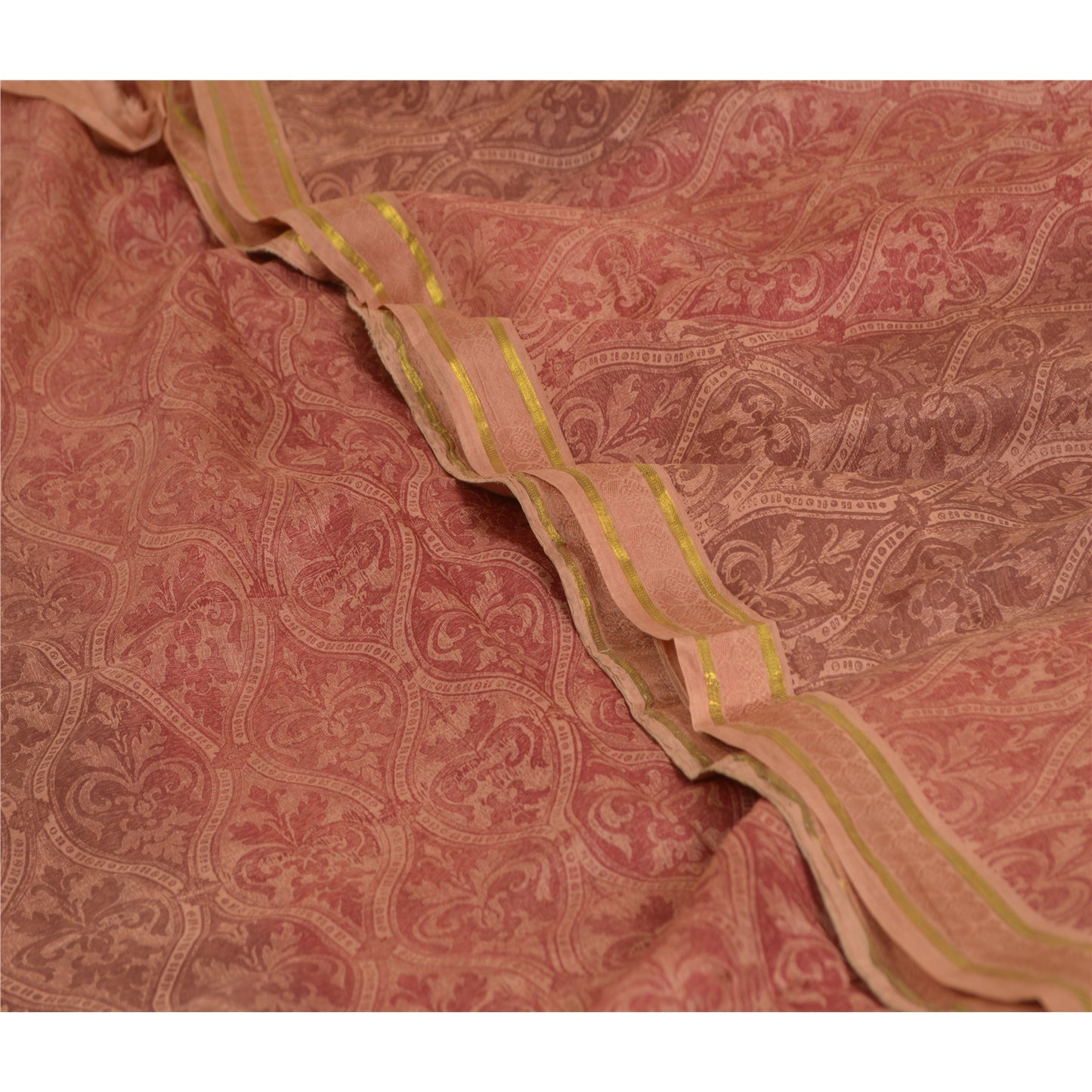 Sanskriti Vintage Peach Sarees Pure Silk Printed Golden Border Sari Craft Sustainable Fabric