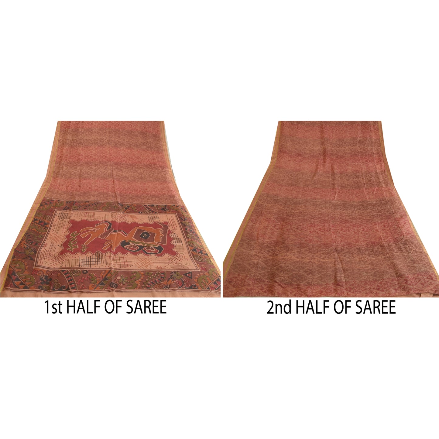 Sanskriti Vintage Peach Sarees Pure Silk Printed Golden Border Sari Craft Sustainable Fabric