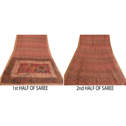 Sanskriti Vintage Peach Sarees Pure Silk Printed Golden Border Sari Craft Sustainable Fabric