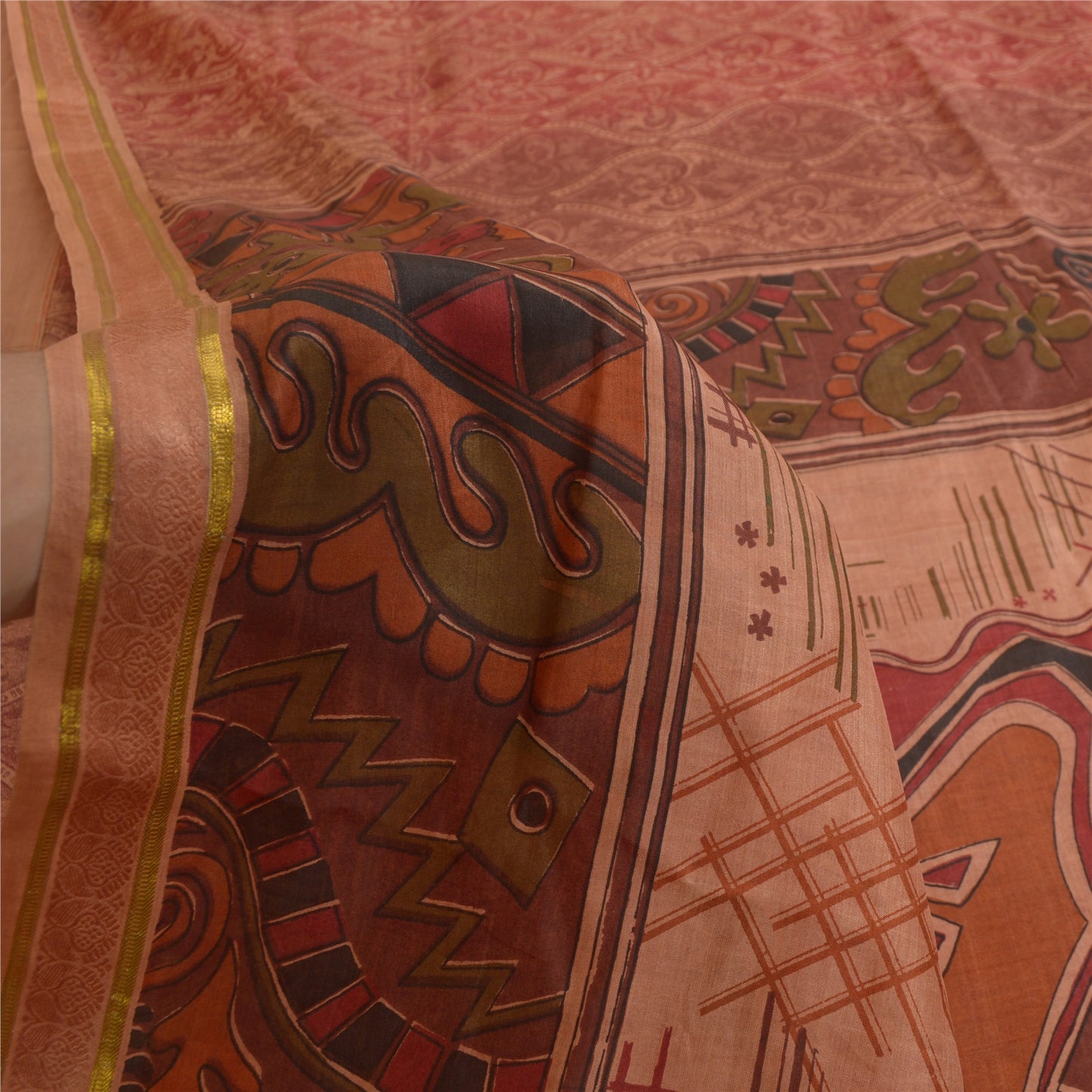 Sanskriti Vintage Peach Sarees Pure Silk Printed Golden Border Sari Craft Sustainable Fabric