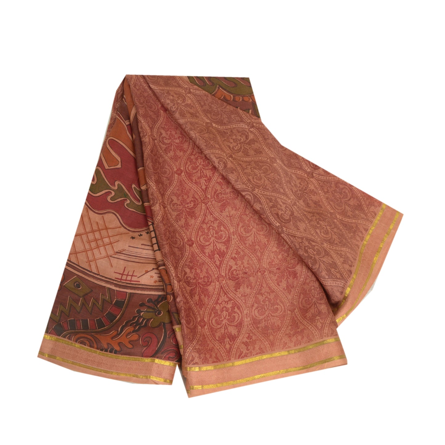 Sanskriti Vintage Peach Sarees Pure Silk Printed Golden Border Sari Craft Sustainable Fabric