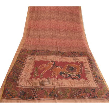 Sanskriti Vintage Peach Sarees Pure Silk Printed Golden Border Sari Craft Sustainable Fabric