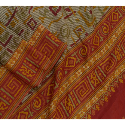 Sanskriti Vintage Sarees Ivory Indian Printed Pure Silk Sari Soft Craft Sustainable Fabric