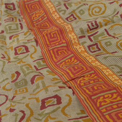 Sanskriti Vintage Sarees Ivory Indian Printed Pure Silk Sari Soft Craft Sustainable Fabric