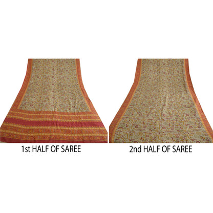 Sanskriti Vintage Sarees Ivory Indian Printed Pure Silk Sari Soft Craft Sustainable Fabric