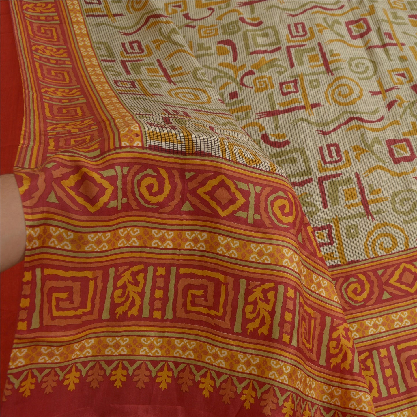 Sanskriti Vintage Sarees Ivory Indian Printed Pure Silk Sari Soft Craft Sustainable Fabric