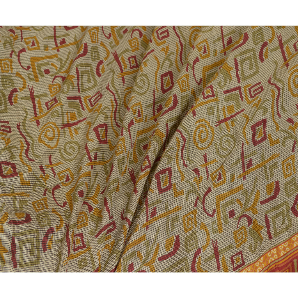 Sanskriti Vintage Sarees Ivory Indian Printed Pure Silk Sari Soft Craft Sustainable Fabric
