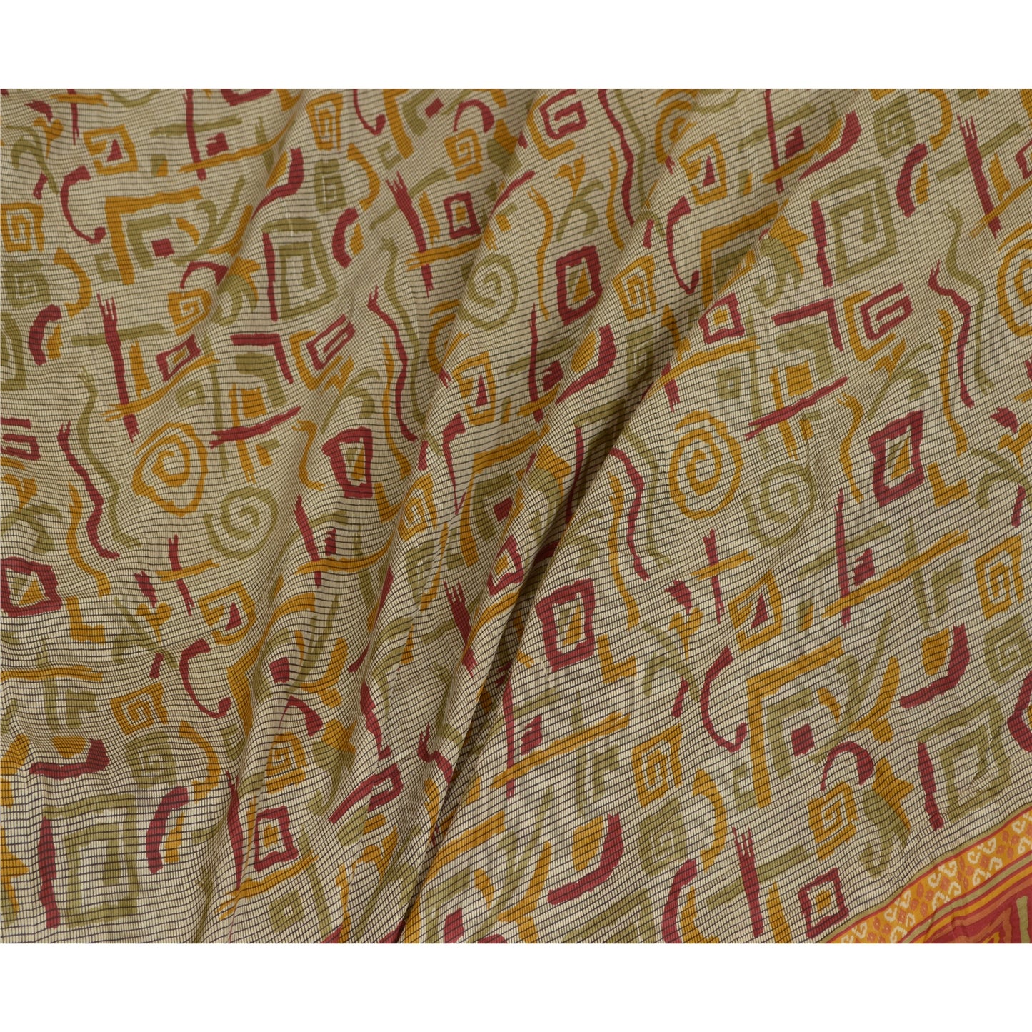 Sanskriti Vintage Sarees Ivory Indian Printed Pure Silk Sari Soft Craft Sustainable Fabric