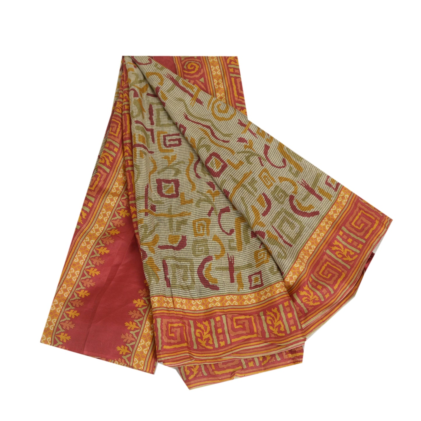 Sanskriti Vintage Sarees Ivory Indian Printed Pure Silk Sari Soft Craft Sustainable Fabric