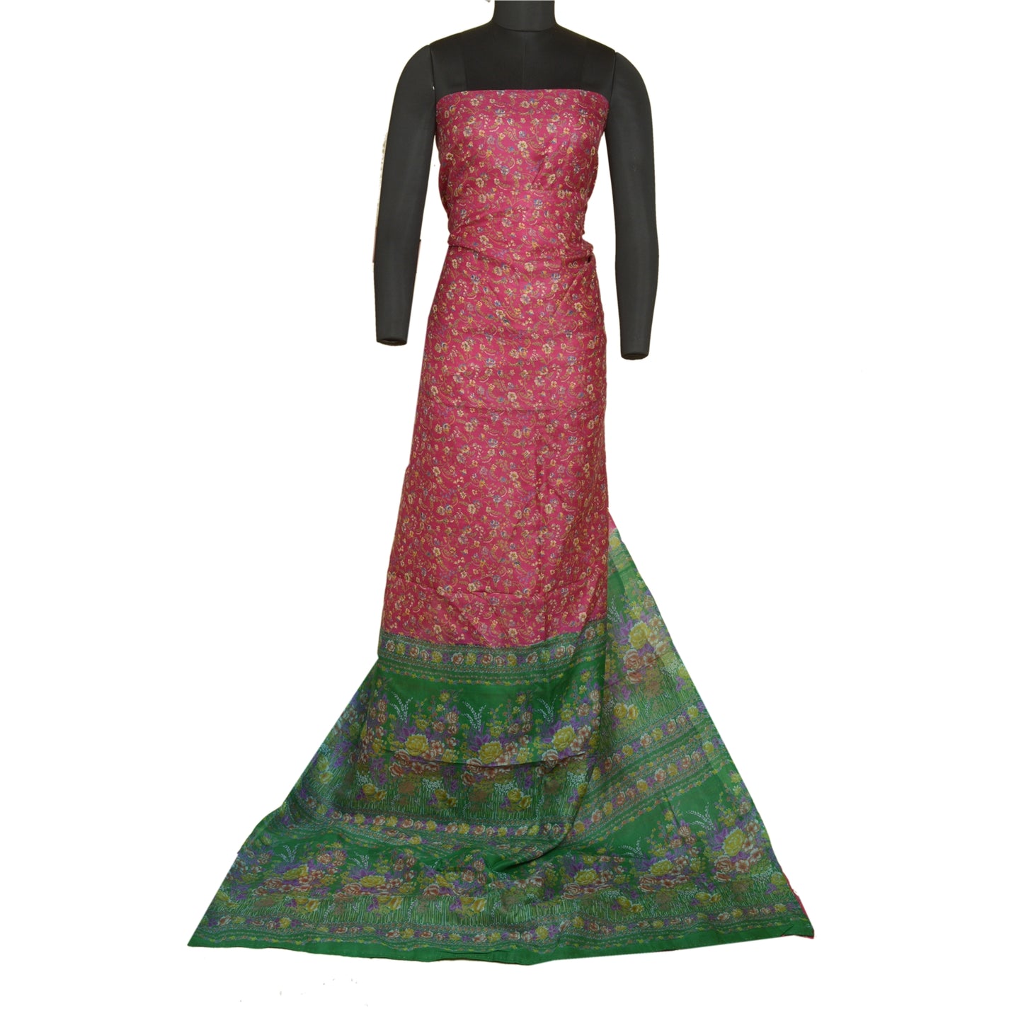 Sanskriti Vintage Sarees Pink/Green Pure Silk Printed Sari Floral Craft Sustainable Fabric