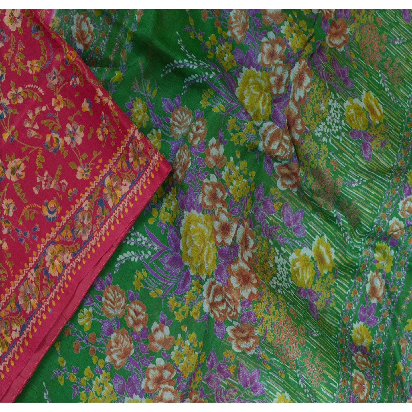 Sanskriti Vintage Sarees Pink/Green Pure Silk Printed Sari Floral Craft Sustainable Fabric