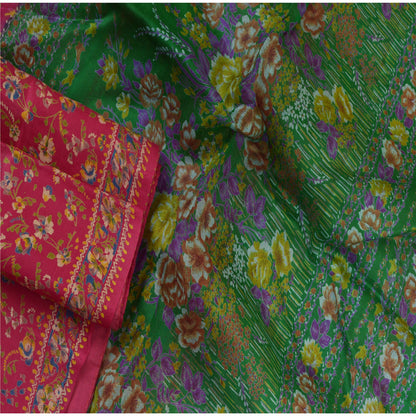 Sanskriti Vintage Sarees Pink/Green Pure Silk Printed Sari Floral Craft Sustainable Fabric