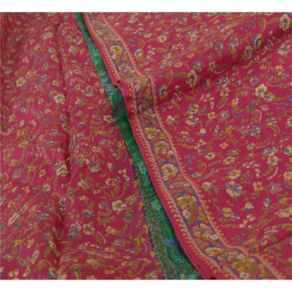 Sanskriti Vintage Sarees Pink/Green Pure Silk Printed Sari Floral Craft Sustainable Fabric