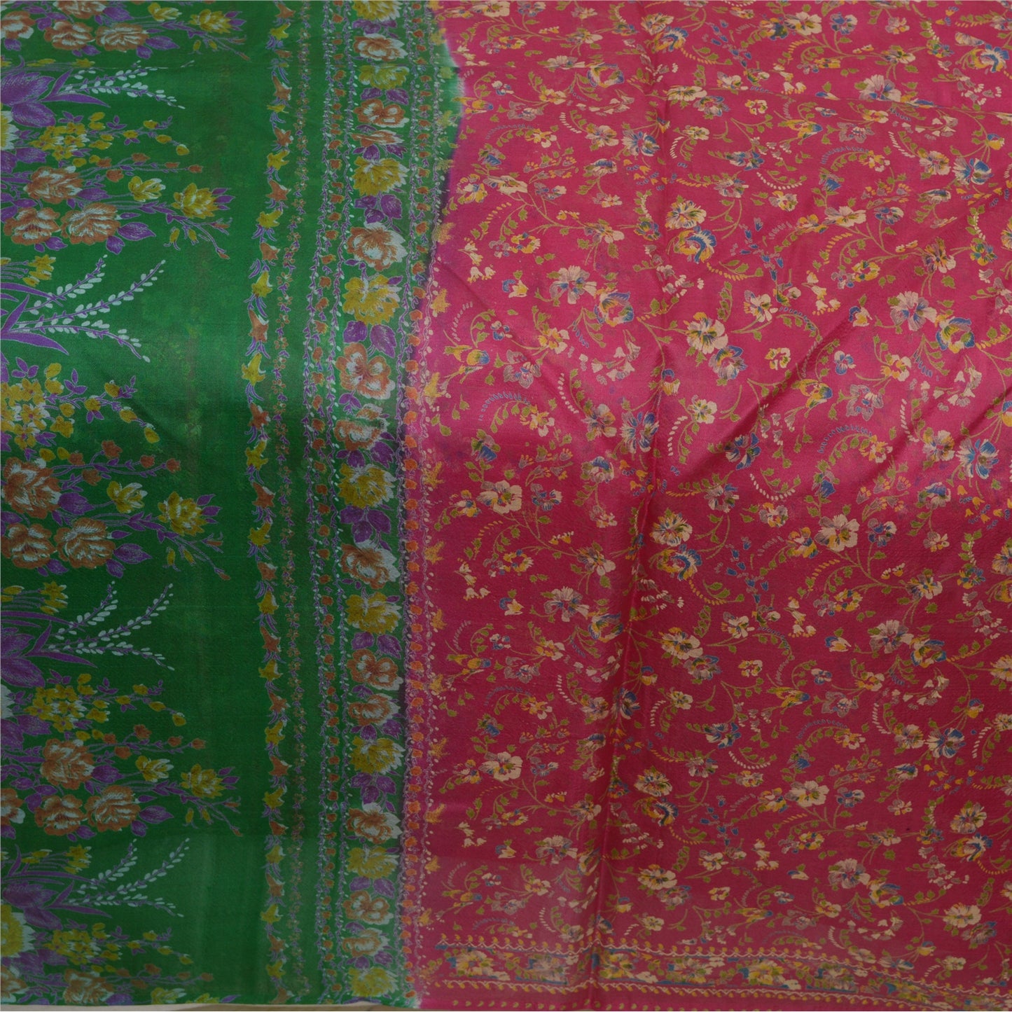 Sanskriti Vintage Sarees Pink/Green Pure Silk Printed Sari Floral Craft Sustainable Fabric