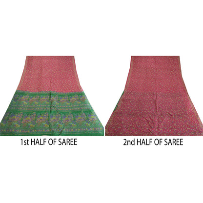 Sanskriti Vintage Sarees Pink/Green Pure Silk Printed Sari Floral Craft Sustainable Fabric