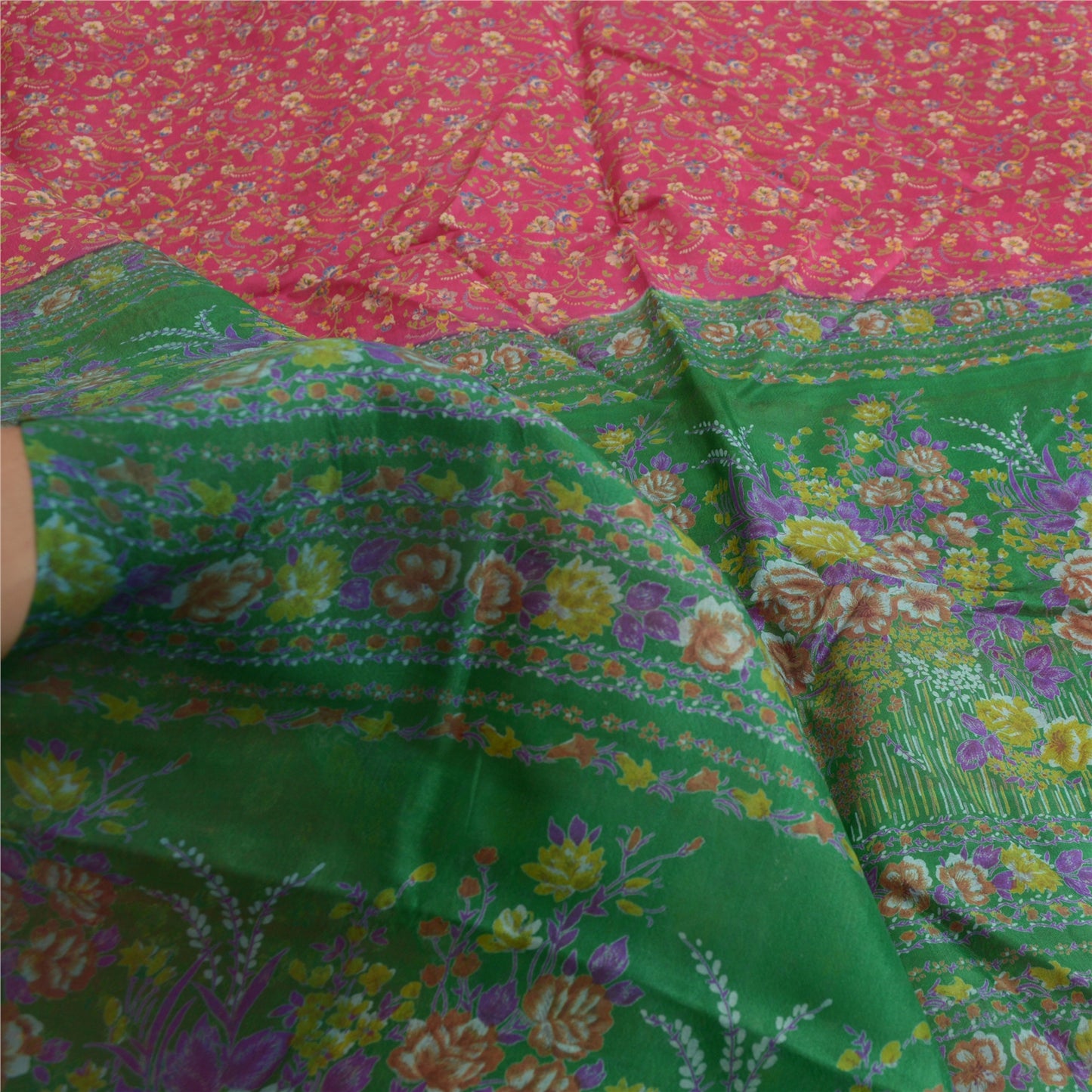 Sanskriti Vintage Sarees Pink/Green Pure Silk Printed Sari Floral Craft Sustainable Fabric