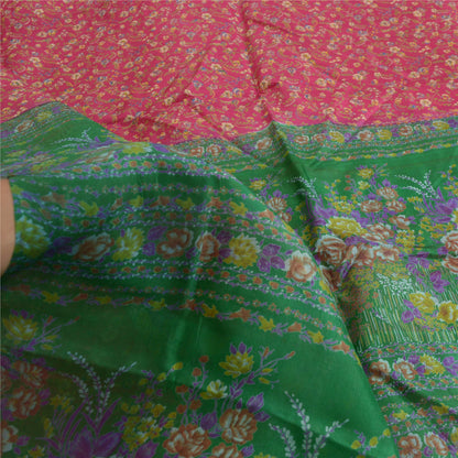 Sanskriti Vintage Sarees Pink/Green Pure Silk Printed Sari Floral Craft Sustainable Fabric