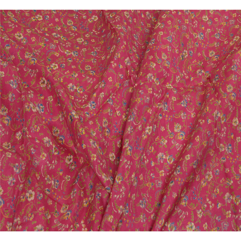 Sanskriti Vintage Sarees Pink/Green Pure Silk Printed Sari Floral Craft Sustainable Fabric