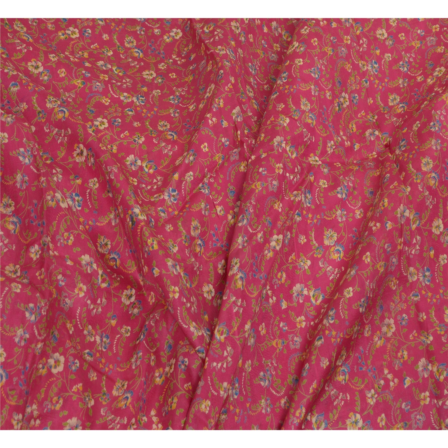 Sanskriti Vintage Sarees Pink/Green Pure Silk Printed Sari Floral Craft Sustainable Fabric