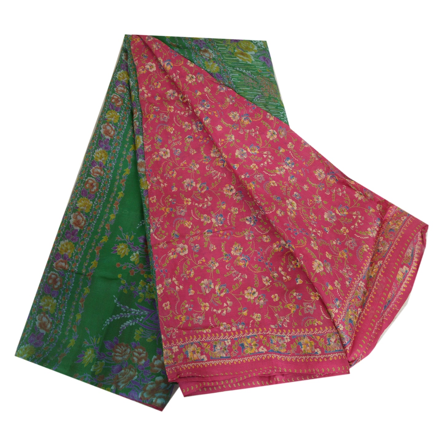 Sanskriti Vintage Sarees Pink/Green Pure Silk Printed Sari Floral Craft Sustainable Fabric