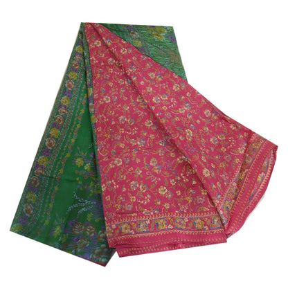 Sanskriti Vintage Sarees Pink/Green Pure Silk Printed Sari Floral Craft Sustainable Fabric