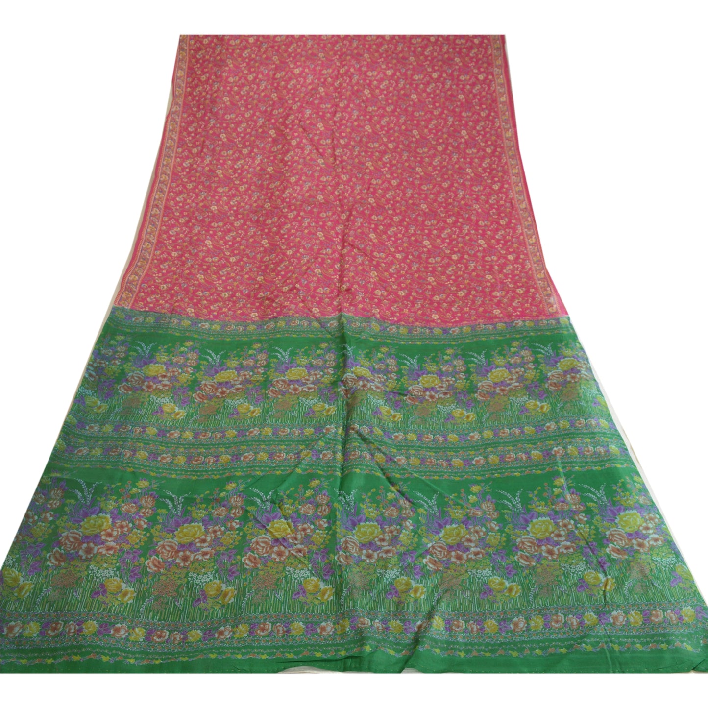 Sanskriti Vintage Sarees Pink/Green Pure Silk Printed Sari Floral Craft Sustainable Fabric