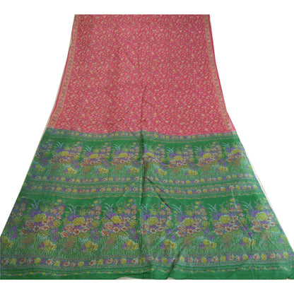 Sanskriti Vintage Sarees Pink/Green Pure Silk Printed Sari Floral Craft Sustainable Fabric