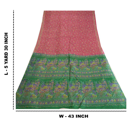 Sanskriti Vintage Sarees Pink/Green Pure Silk Printed Sari Floral Craft Sustainable Fabric