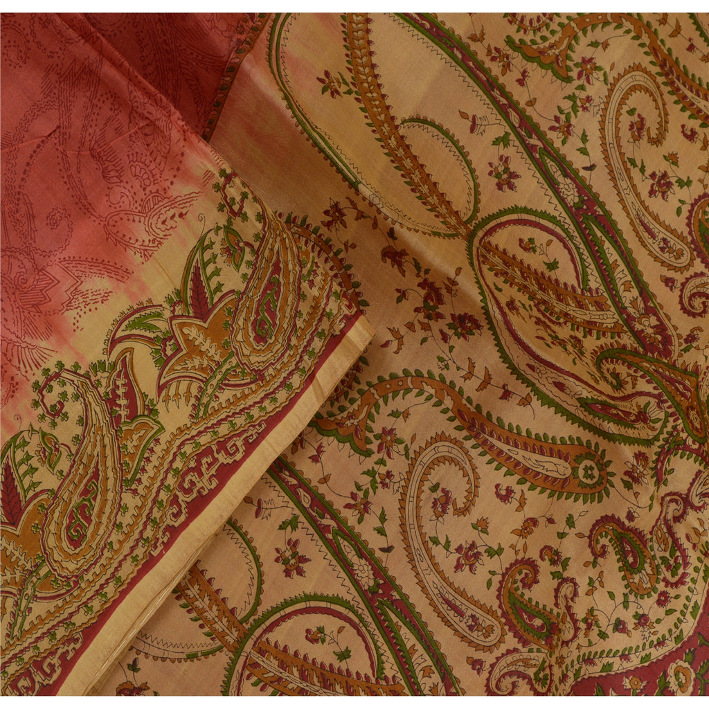 Санскритские винтажные сари красно-коричневые чистый шелк сари с цветочным принтом ремесло устойчивая ткань