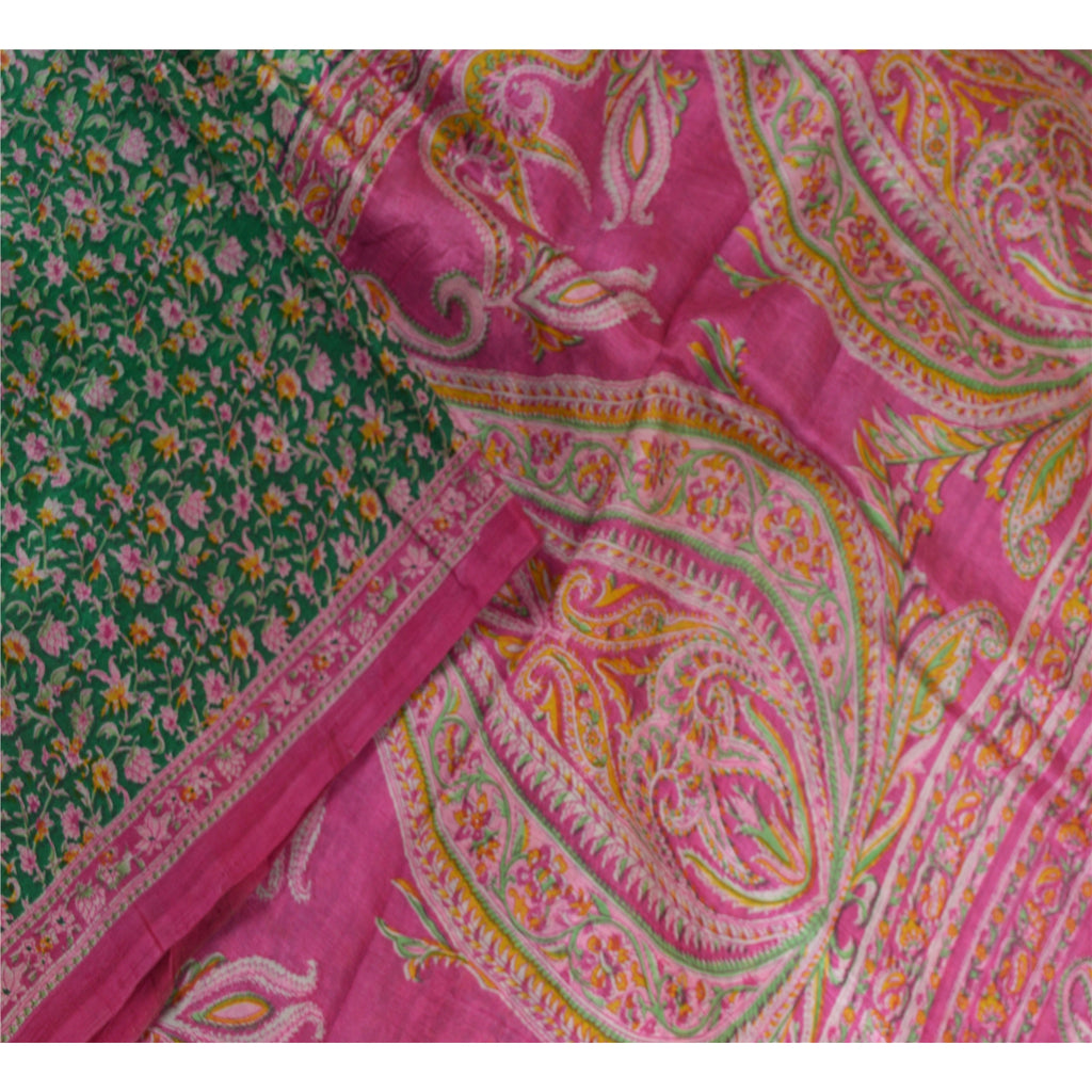 Sanskriti Vintage Sarees Green/Pink Pure Silk Printed Sari Soft 5yd Craft Sustainable Fabric