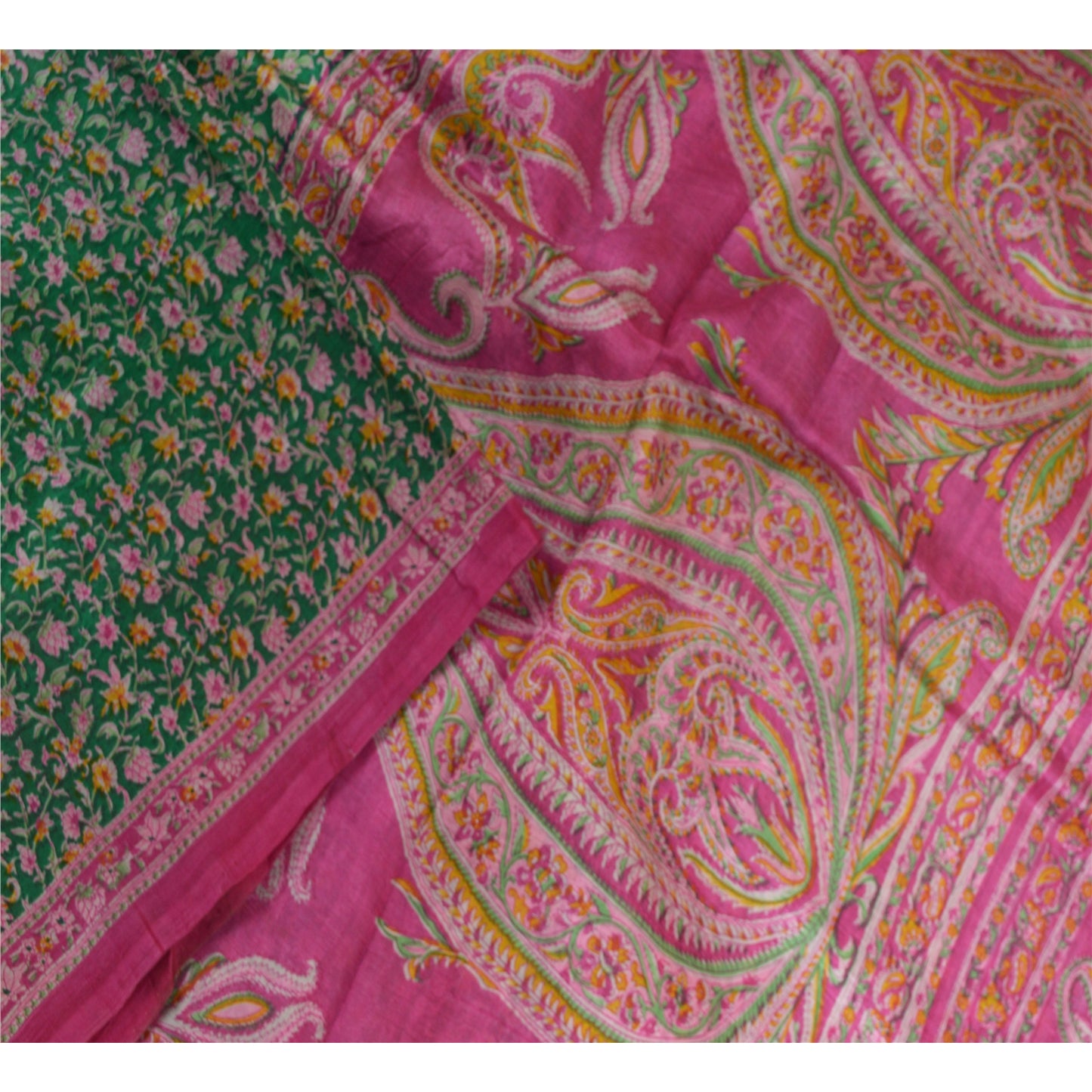 Sanskriti Vintage Sarees Green/Pink Pure Silk Printed Sari Soft 5yd Craft Sustainable Fabric
