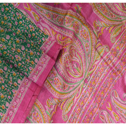Sanskriti Vintage Sarees Green/Pink Pure Silk Printed Sari Soft 5yd Craft Sustainable Fabric
