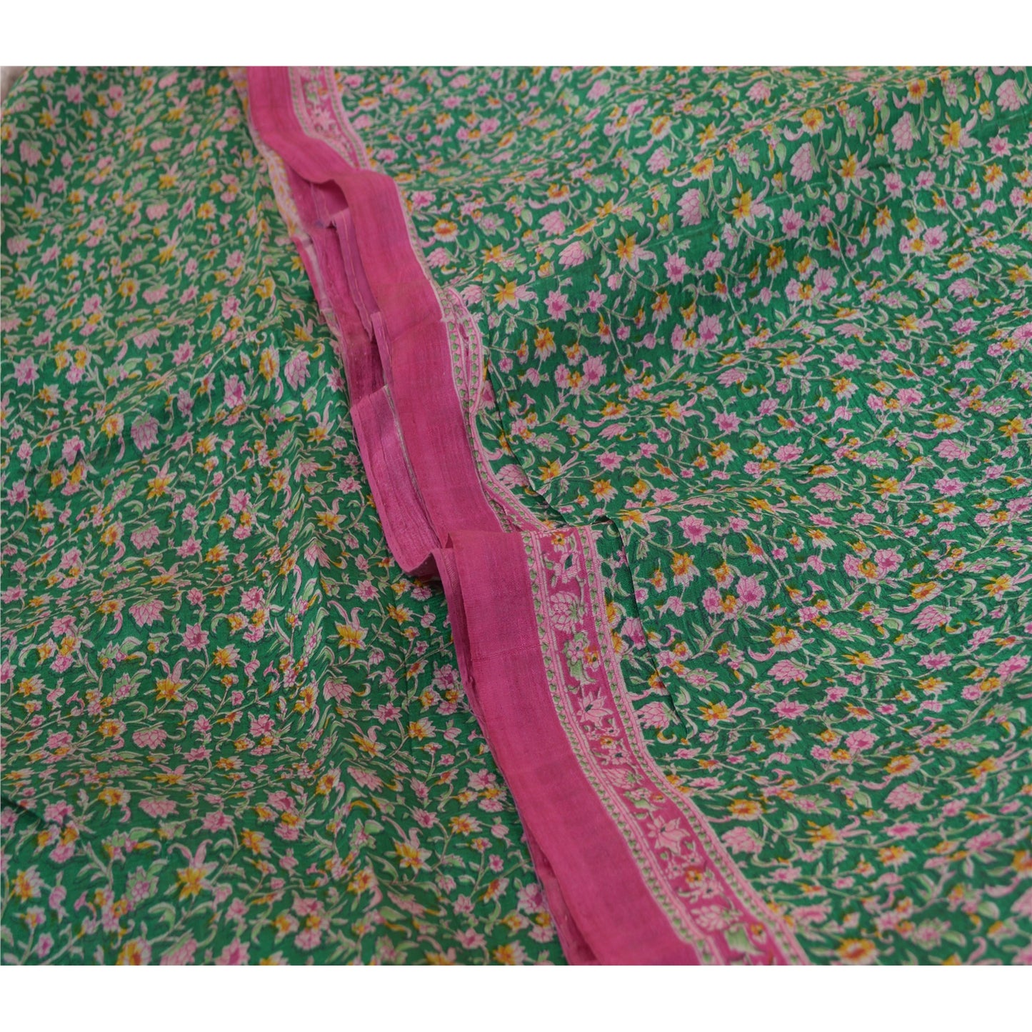 Sanskriti Vintage Sarees Green/Pink Pure Silk Printed Sari Soft 5yd Craft Sustainable Fabric