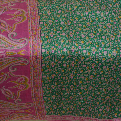 Sanskriti Vintage Sarees Green/Pink Pure Silk Printed Sari Soft 5yd Craft Sustainable Fabric