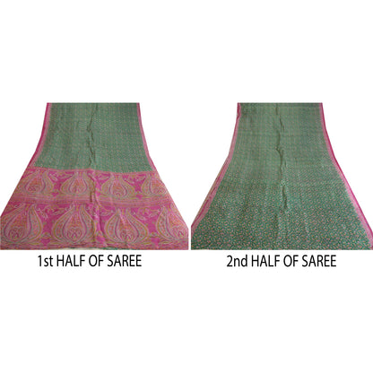 Sanskriti Vintage Sarees Green/Pink Pure Silk Printed Sari Soft 5yd Craft Sustainable Fabric