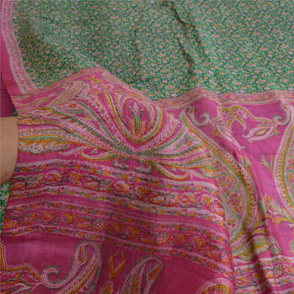 Sanskriti Vintage Sarees Green/Pink Pure Silk Printed Sari Soft 5yd Craft Sustainable Fabric