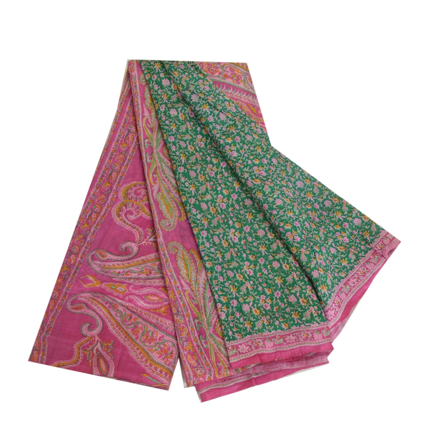 Sanskriti Vintage Sarees Green/Pink Pure Silk Printed Sari Soft 5yd Craft Sustainable Fabric